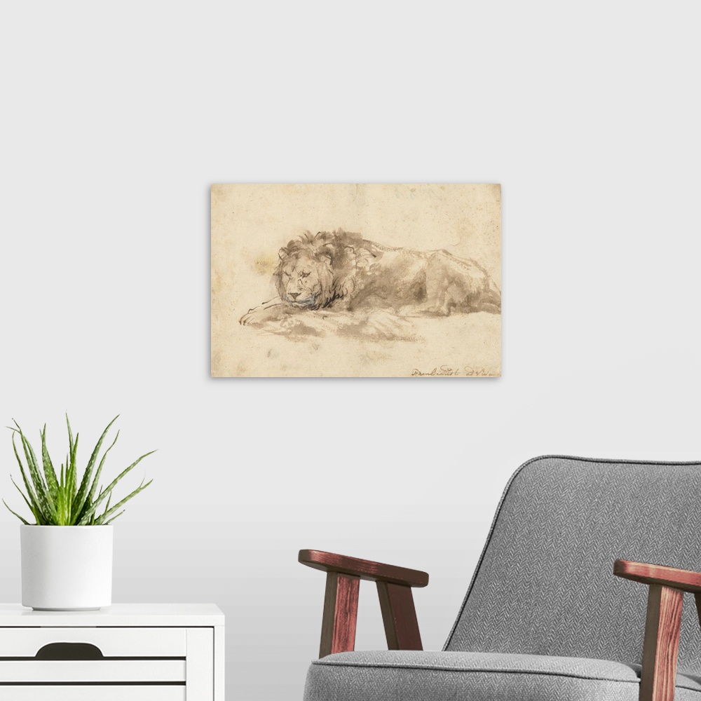 A modern room featuring Reclining Lion, by Rembrandt van Rijn, c. 1650-59, Dutch drawing, pen and ink, wash, on paper. Re...