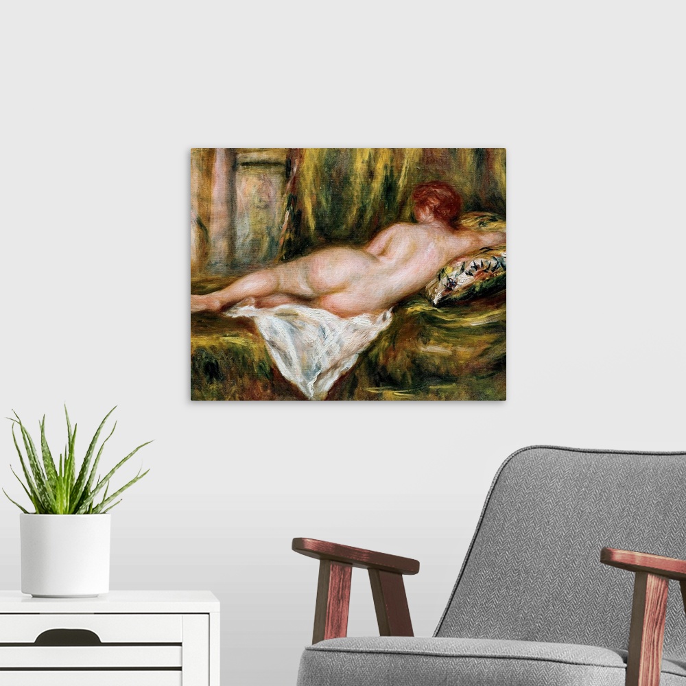 A modern room featuring RENOIR, Pierre-Auguste (1841-1919). Reclining Nude from the Back, Rest after the Bath. ca. 1909. ...