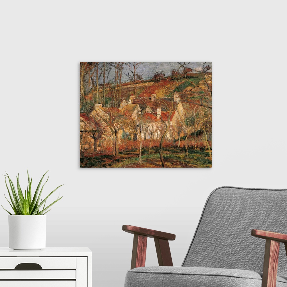 A modern room featuring Red Roofs, Corner of a Village, Winter, by Camille Pissarro, 1877, 19th Century, oil on canvas, c...