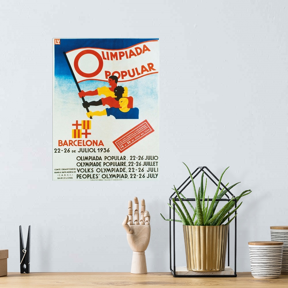 A bohemian room featuring Spanish Civil War (1936-1939). Poster of the People's Olympic Games, which was to be held in Barc...