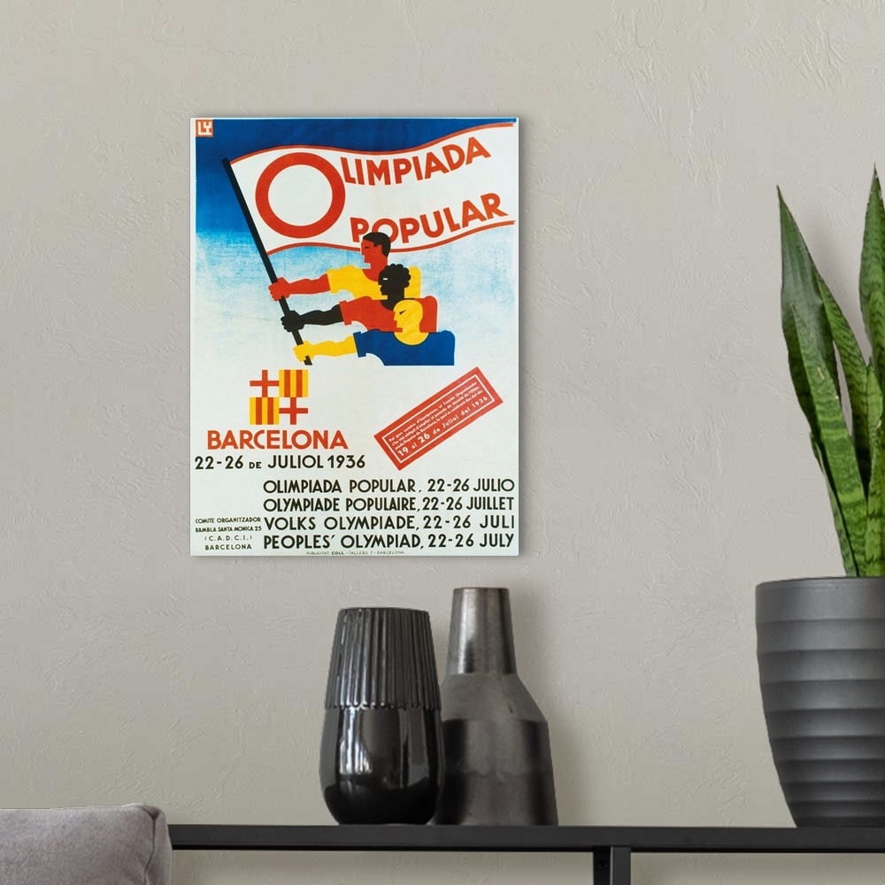 A modern room featuring Spanish Civil War (1936-1939). Poster of the People's Olympic Games, which was to be held in Barc...