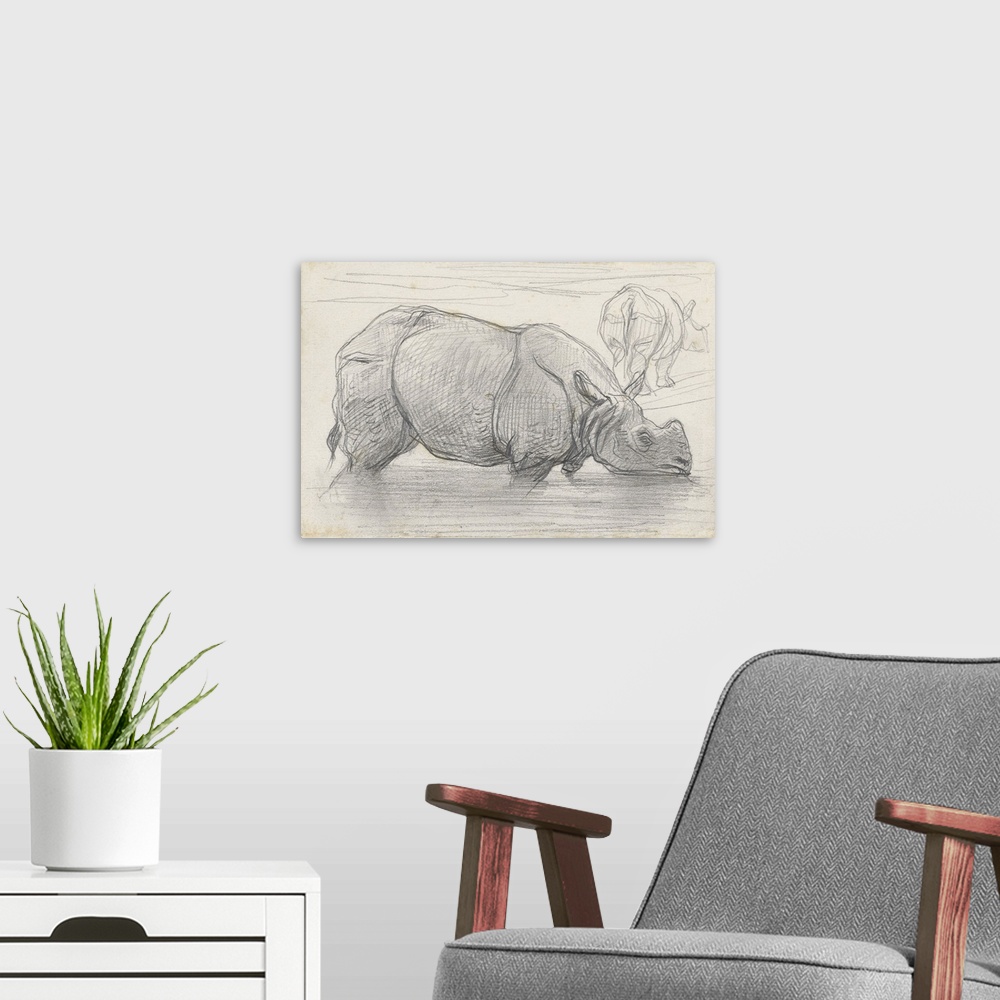 A modern room featuring Rhinoceros in Water, by August Allebe, c. 1860-1900, Dutch chalk drawing.