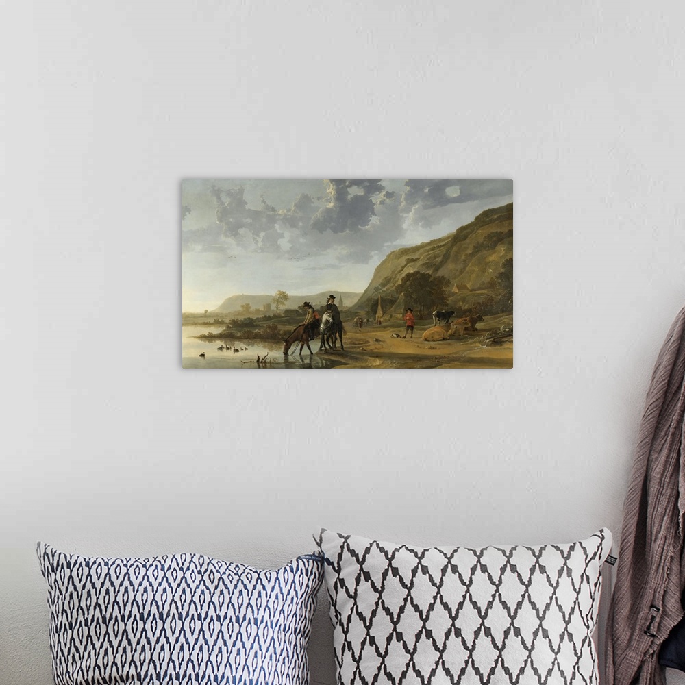 A bohemian room featuring River Landscape with Riders, by Aelbert Cuyp, 1653-57, Dutch painting, oil on canvas. Dutch offic...