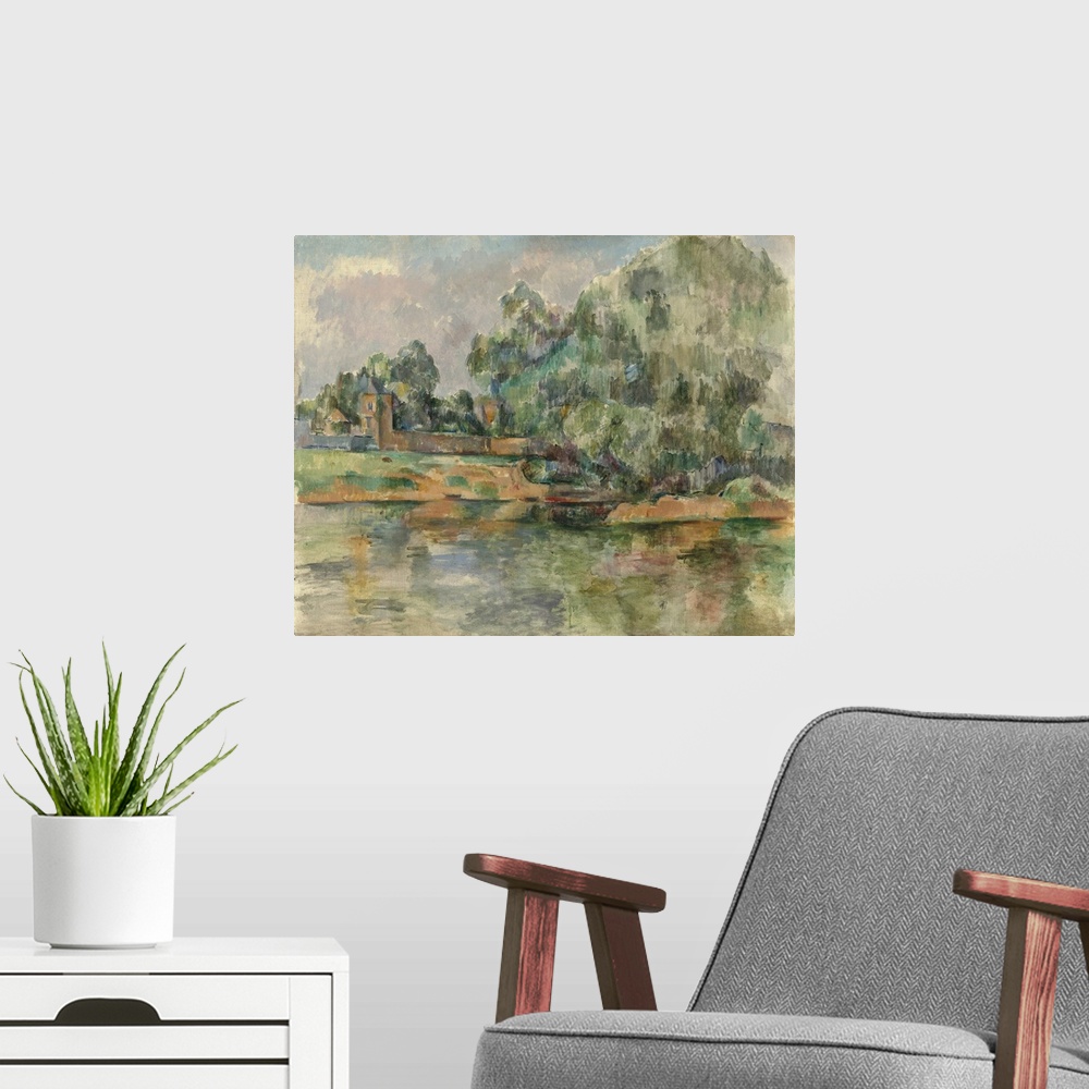 A modern room featuring Riverbank, by Paul Cezanne, 1895, French Post-Impressionist painting, oil on canvas. The land, fo...