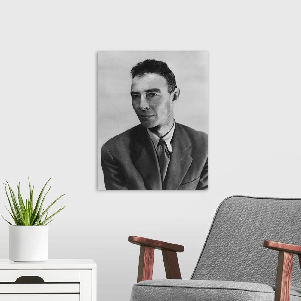 A modern room featuring Robert Oppenheimer, atomic physicist and head of the Manhattan project's secret weapons laborator...