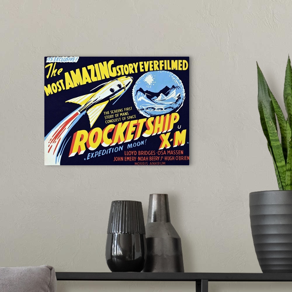 A modern room featuring Rocketship X-M - Vintage Movie Poster