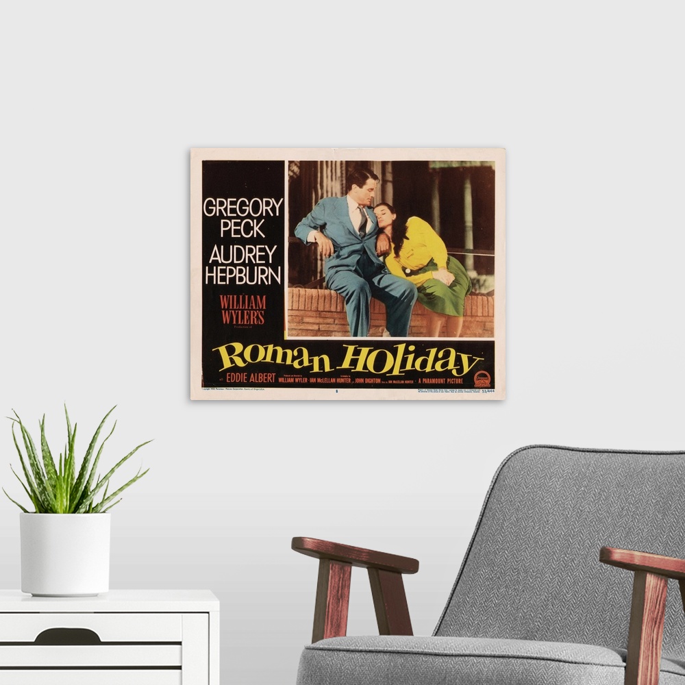 A modern room featuring Roman Holiday, Lobbycard, From Left: Gregory Peck, Audrey Hepburn, 1953.