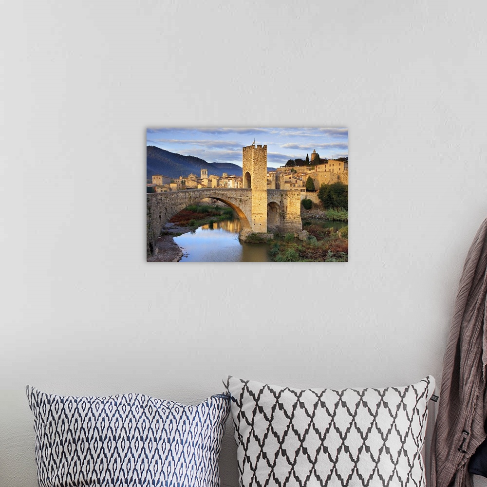 A bohemian room featuring SPAIN. Besalu. Romanesque bridge over the Fluvi river. Romanesque art. -