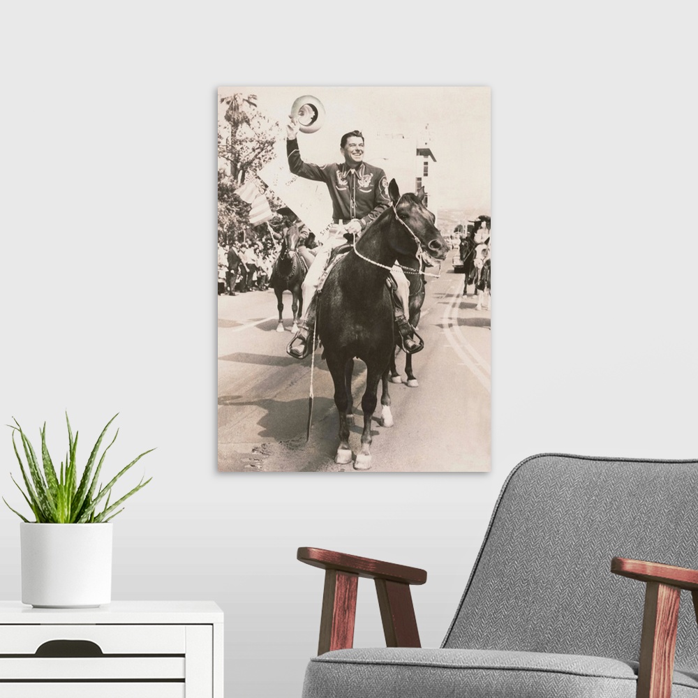 A modern room featuring Ronald Reagan, newly elected Governor of California, riding a horse in a parade. Dec. 1966.