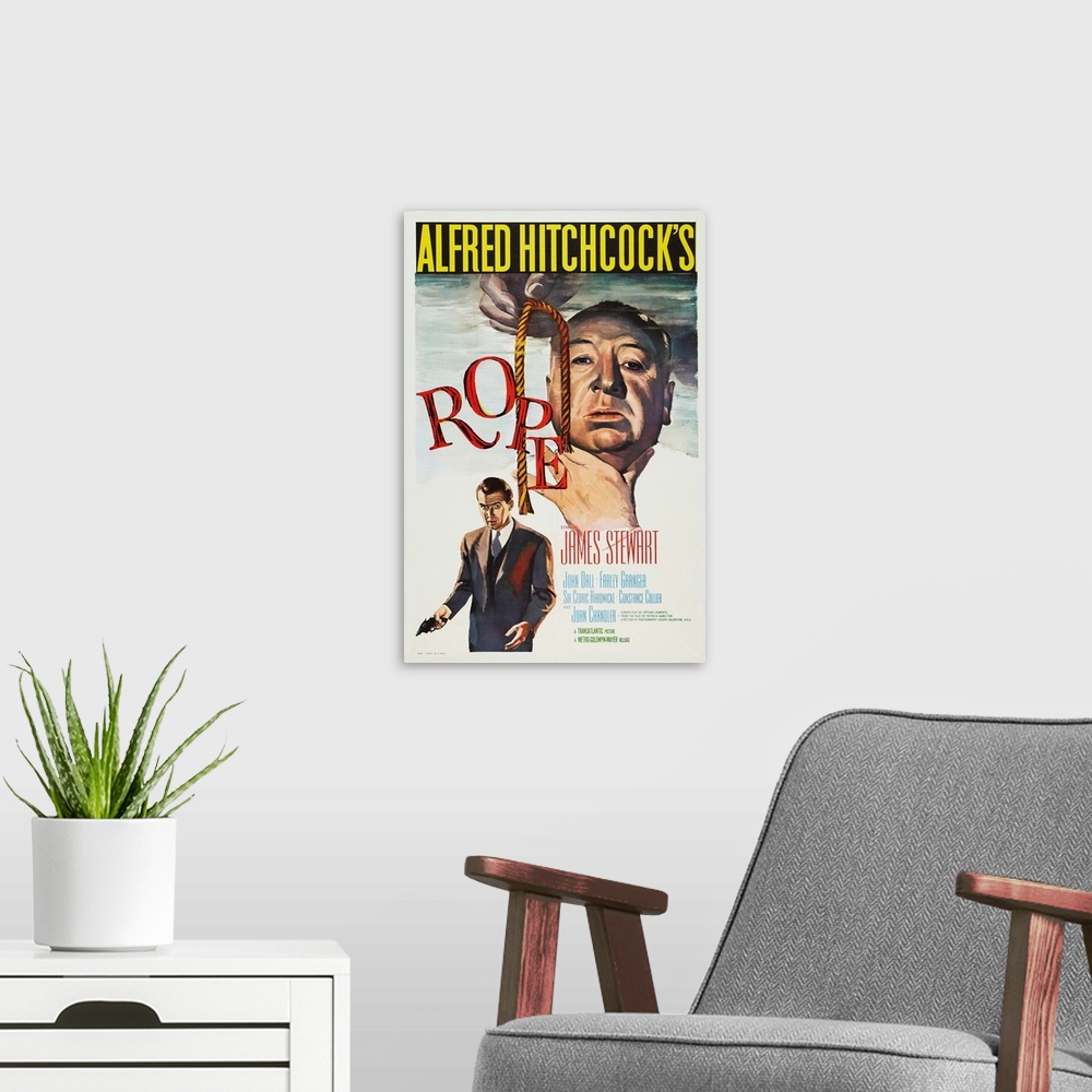 A modern room featuring Retro poster artwork for the film Rope.