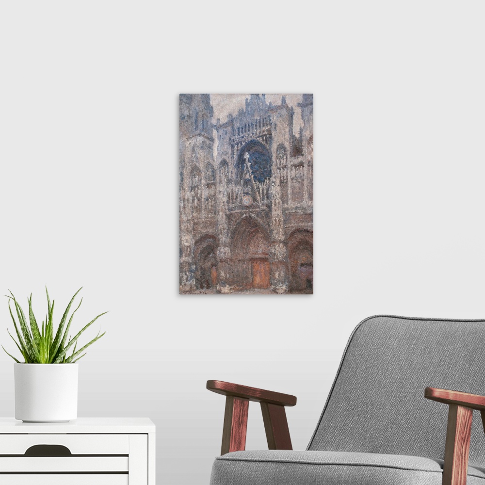 A modern room featuring Monet Claude, Rouen Cathedral. Grey Day - Harmony in Grey, 1892 - 1894, 19th Century, oil on canv...