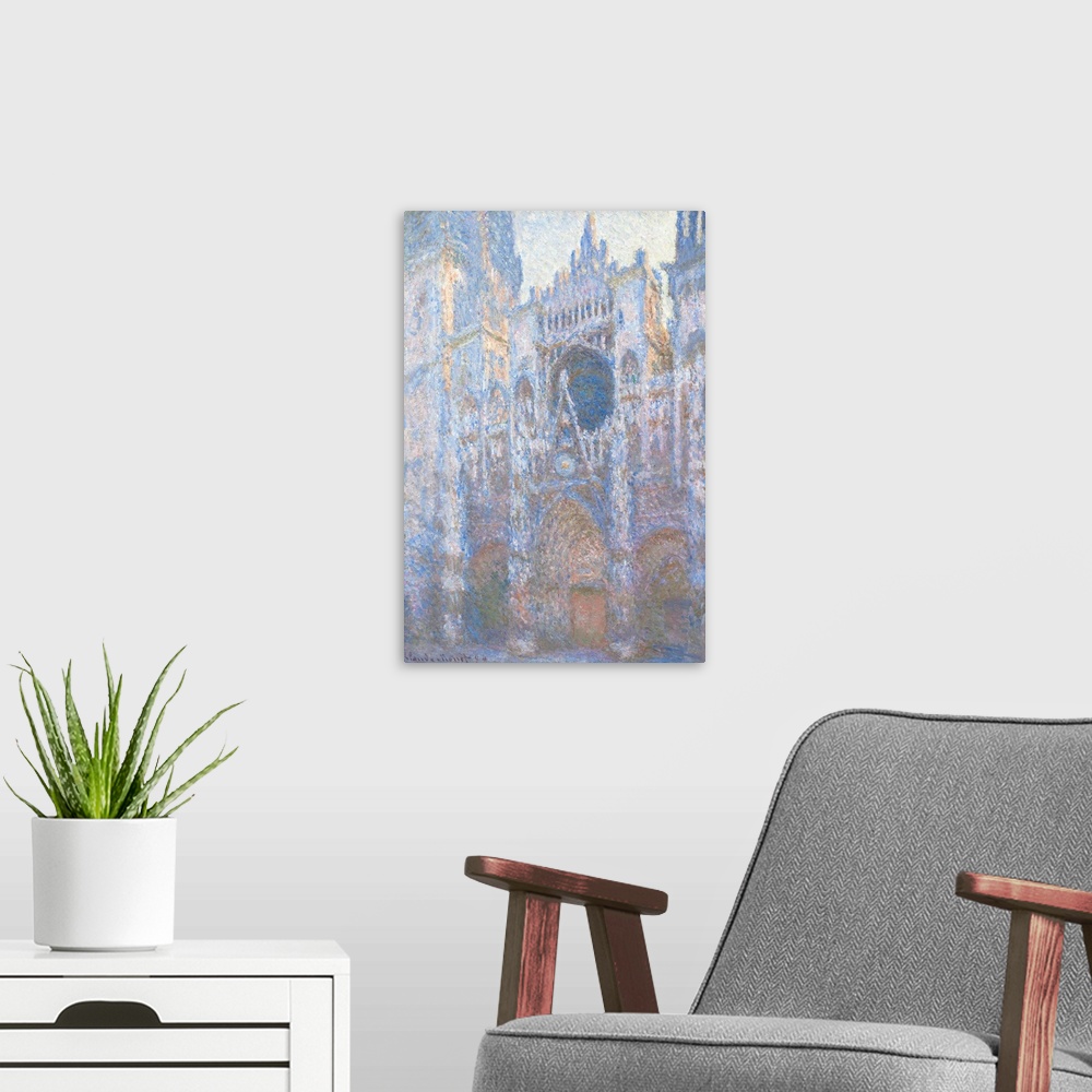 A modern room featuring Rouen Cathedral, West Facade, by Claude Monet, 1894, French impressionist painting, oil on canvas...