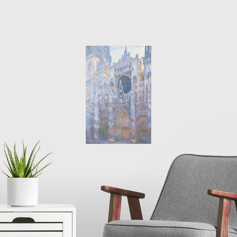 A modern room featuring Rouen Cathedral, West Facade, by Claude Monet, 1894, French impressionist painting, oil on canvas...
