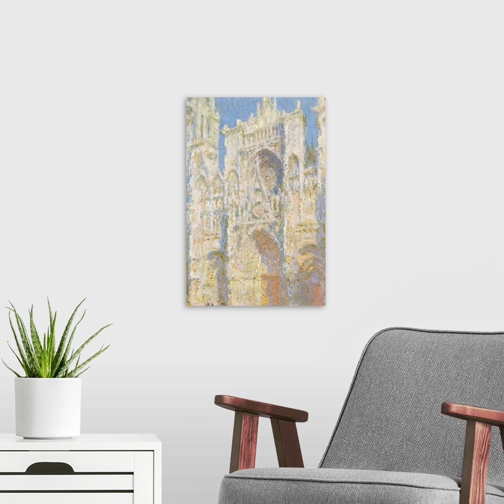 A modern room featuring Rouen Cathedral, West Facade, Sunlight, by Claude Monet, 1894, French impressionist painting, oil...