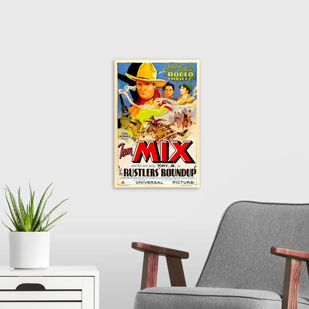 A modern room featuring RUSTLERS' ROUNDUP, top from left: Tom Mix, Noah Beery Jr., Diane Sinclair, 1933.