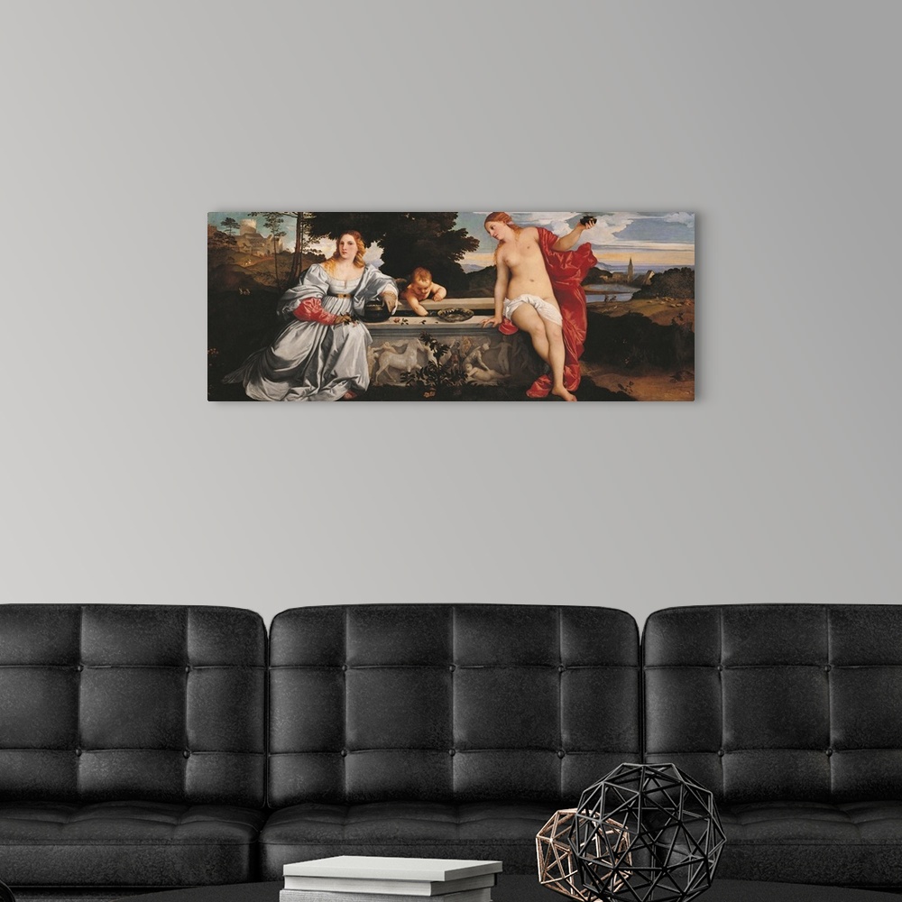 A modern room featuring Sacred and Profane Love, by Tiziano Vecellio known as Titian, 1514 - 1525 about, 16th Century, oi...