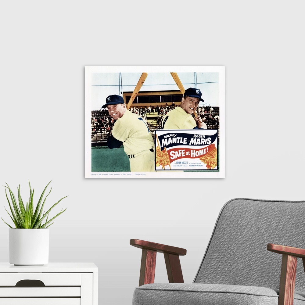 A modern room featuring Safe At Home!, From Left, Mickey Mantle, Roger Maris, 1962.