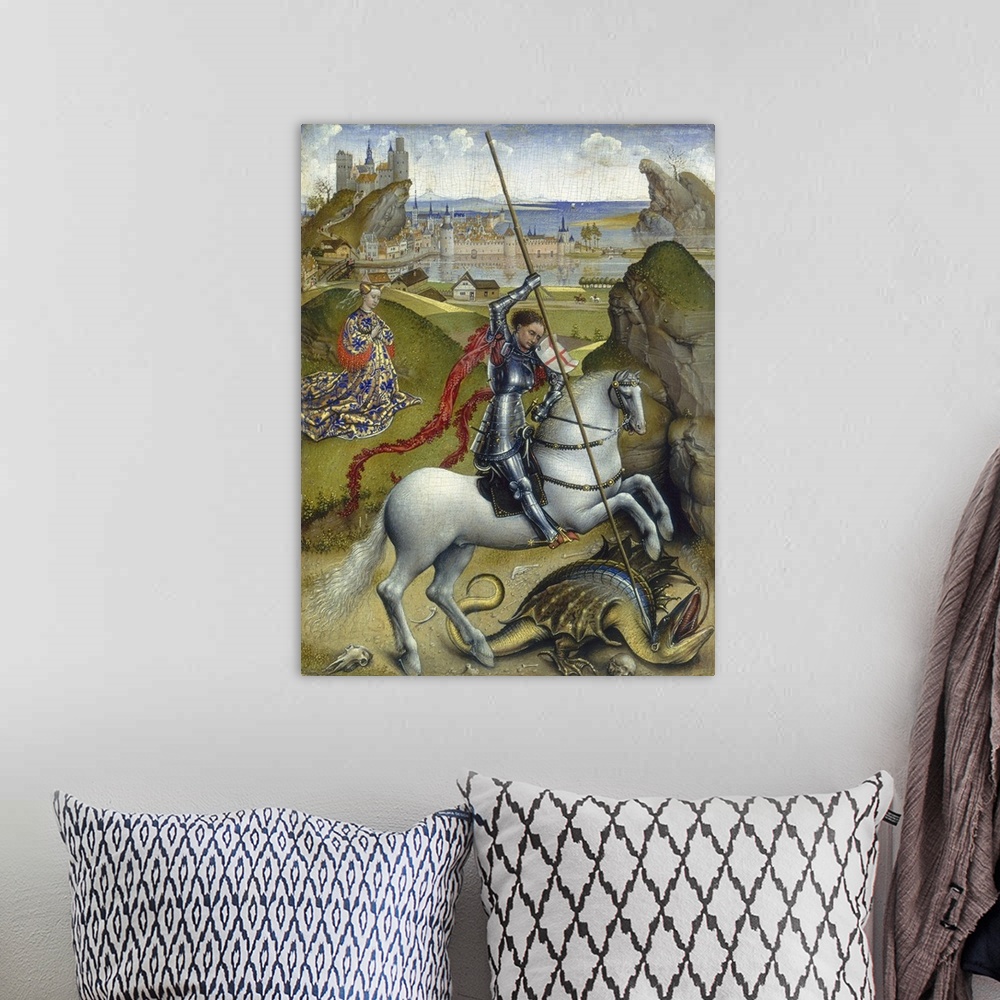A bohemian room featuring Saint George and the Dragon, by Rogier van der Weyden, 1432-35, Netherlandish painting, oil on ca...