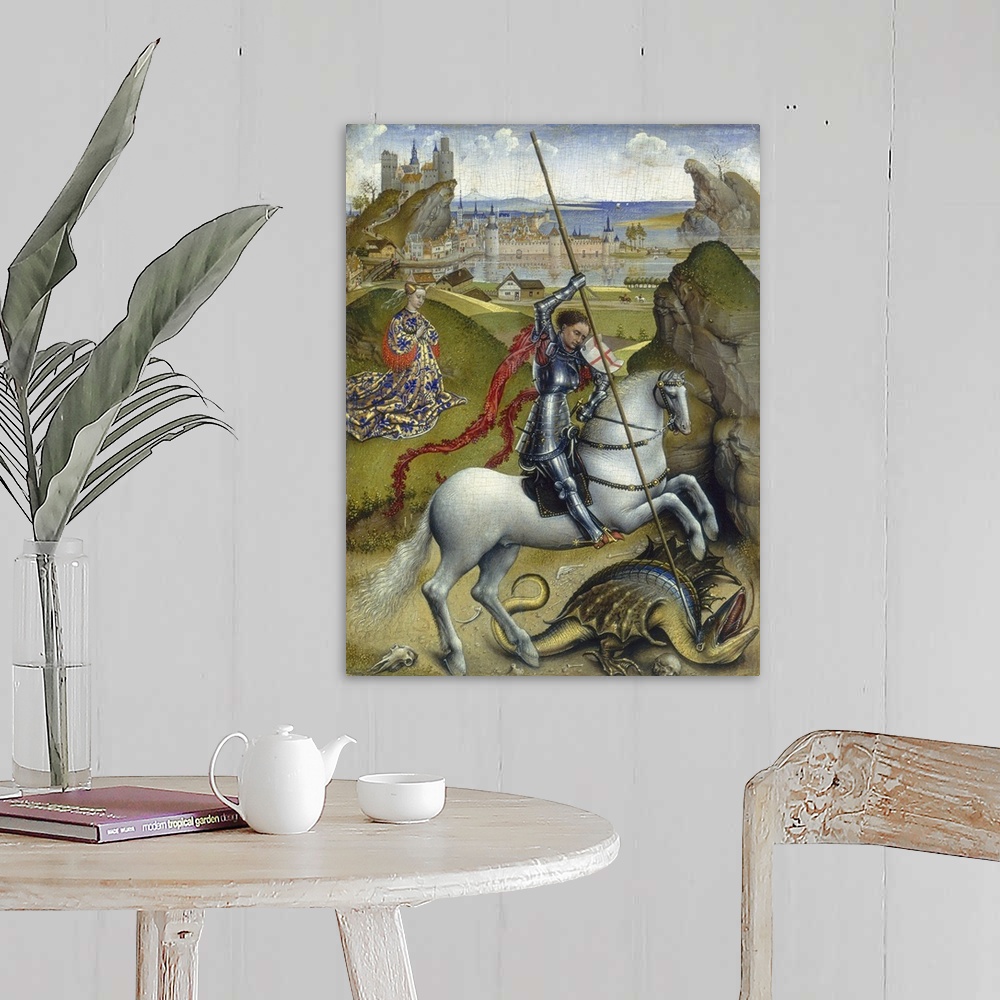 A farmhouse room featuring Saint George and the Dragon, by Rogier van der Weyden, 1432-35, Netherlandish painting, oil on ca...