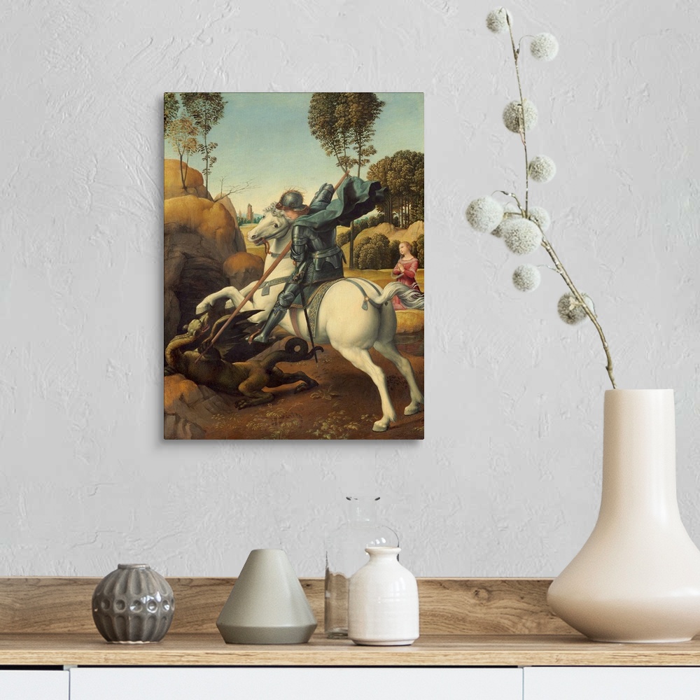 A farmhouse room featuring Saint George and the Dragon, by Raphael, c. 1506, Italian Renaissance painting, oil on panel. Geo...