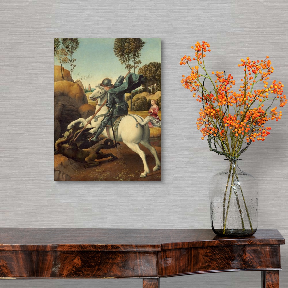 A traditional room featuring Saint George and the Dragon, by Raphael, c. 1506, Italian Renaissance painting, oil on panel. Geo...