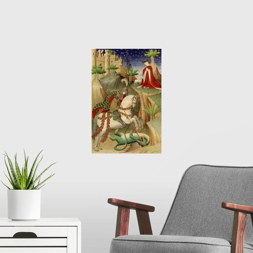 A modern room featuring 2880 , Miniature Heures de Boucicaut (1365-1421). Saint George and the Dragon. Paris.