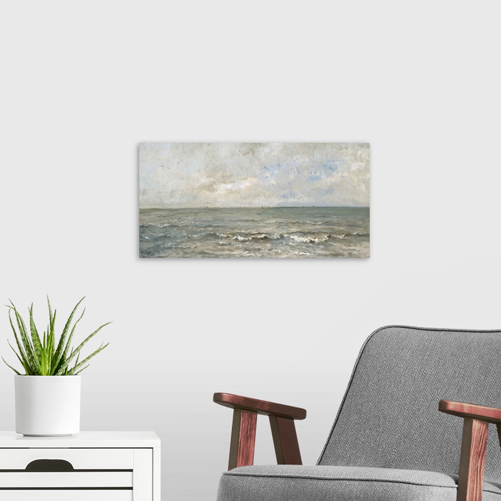 A modern room featuring Seascape, by Charles Francois Daubigny, 1876, French painting, oil on canvas. Waves washing ashor...