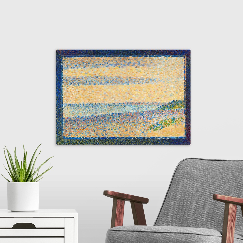 A modern room featuring Seascape (Gravelines), by Georges Seurat, 1890, French Post-Impressionist painting, oil on wood p...