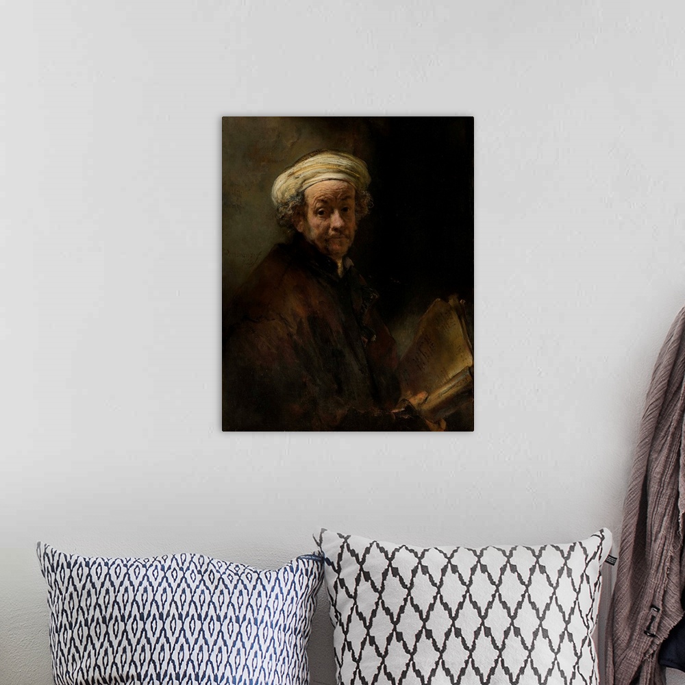 A bohemian room featuring Self Portrait as the Apostle Paul, by Rembrandt van Rijn, 1661, Dutch painting, oil on canvas. Re...