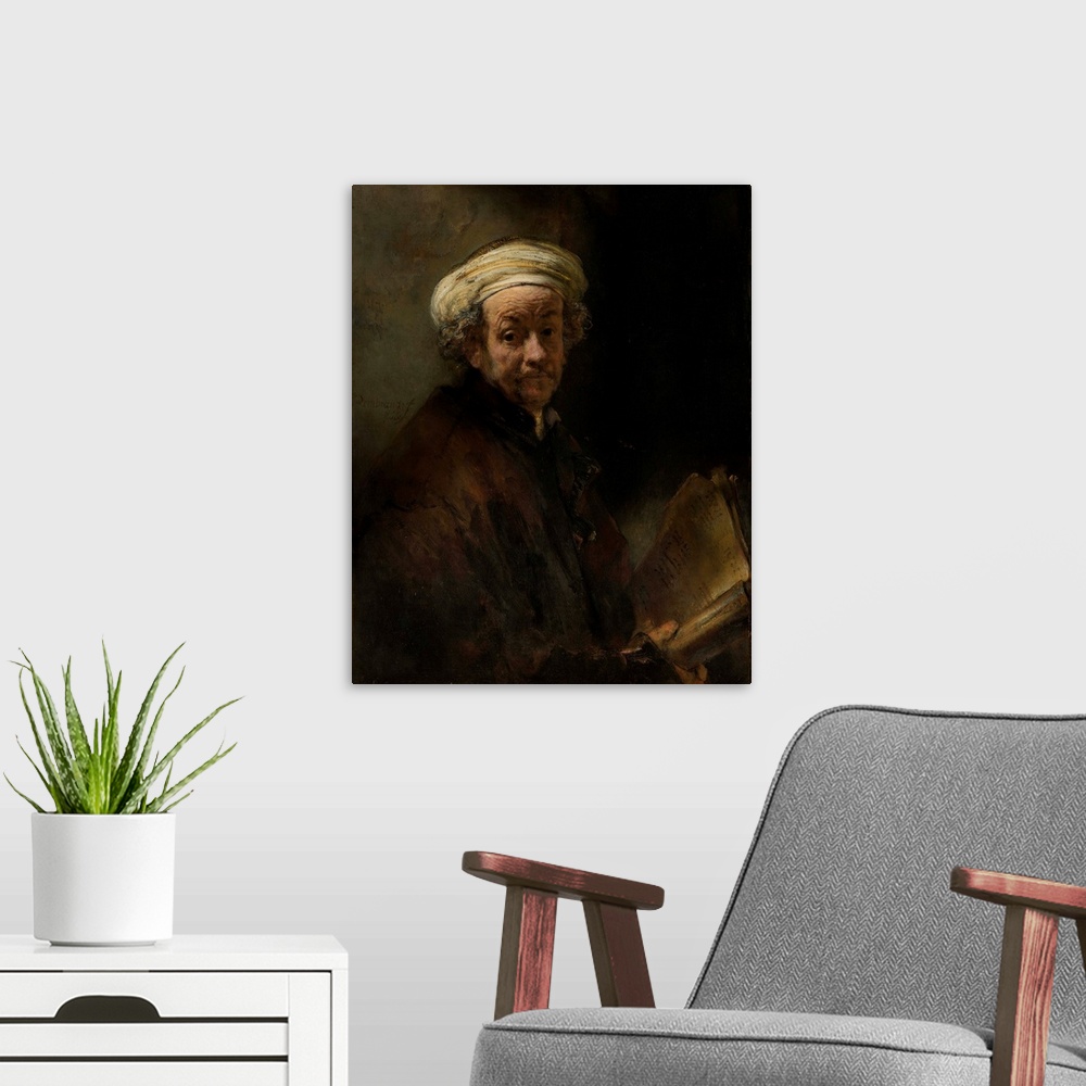 A modern room featuring Self Portrait as the Apostle Paul, by Rembrandt van Rijn, 1661, Dutch painting, oil on canvas. Re...