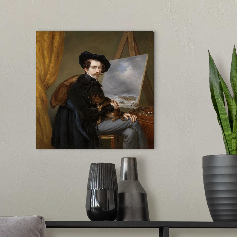 A modern room featuring Self-Portrait, by Louis Meijer, 1838, Dutch painting, oil on canvas. Wearing a black beret, the a...