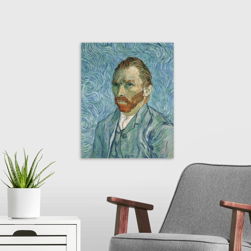 A modern room featuring Self portrait, by Vincent Van Gogh, 1889, 19th Century, oil on canvas, cm 65 x 54 - France, Ile d...
