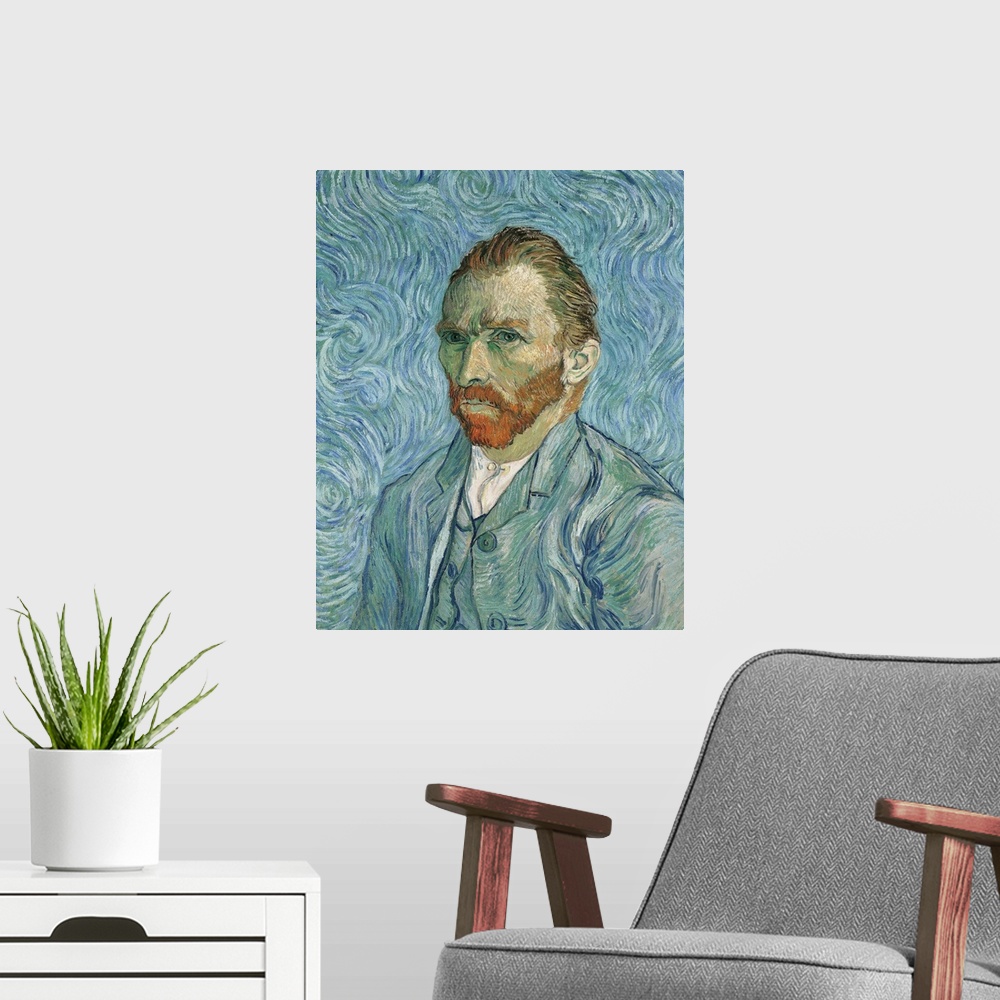 A modern room featuring Self portrait, by Vincent Van Gogh, 1889, 19th Century, oil on canvas, cm 65 x 54 - France, Ile d...