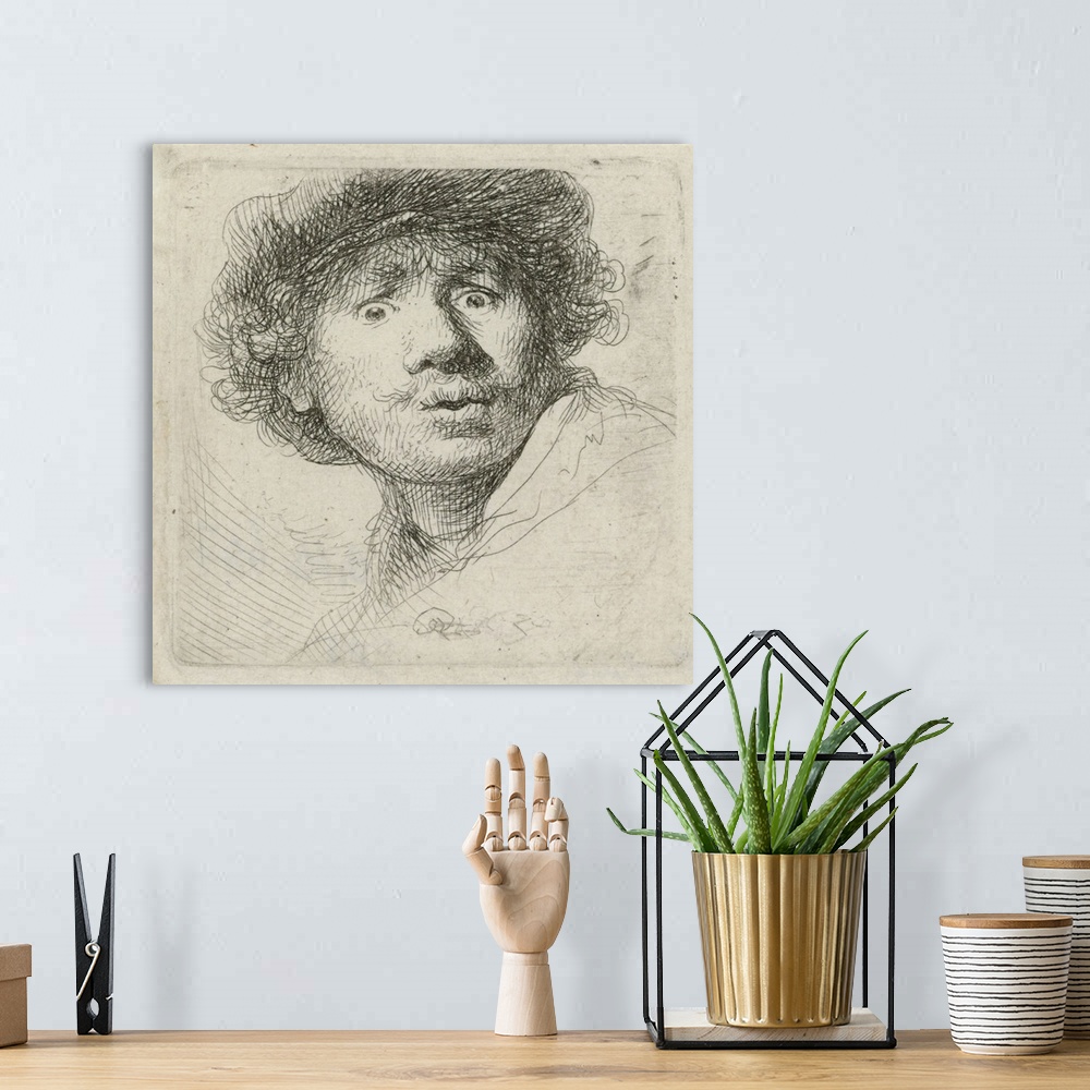 A bohemian room featuring Self-Portrait with Beret, by Rembrandt van Rijn, 1630, Dutch print, etching on paper. Rembrandt w...