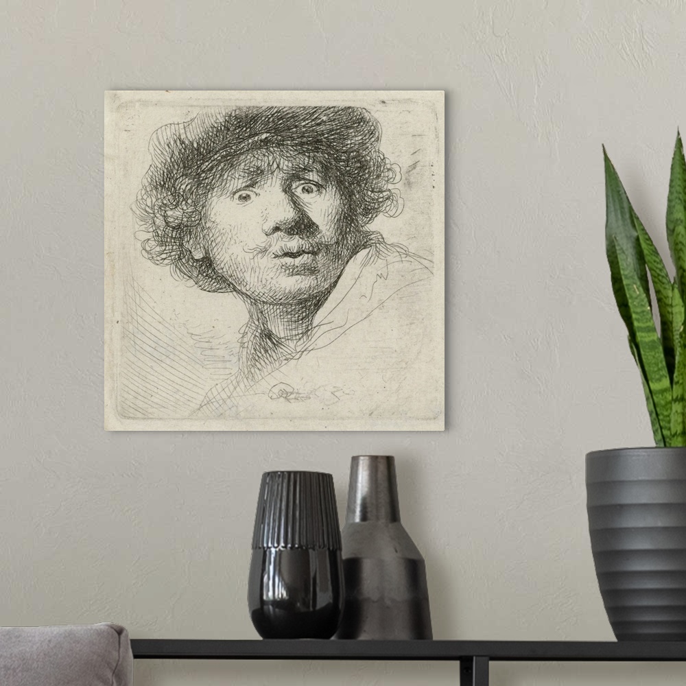 A modern room featuring Self-Portrait with Beret, by Rembrandt van Rijn, 1630, Dutch print, etching on paper. Rembrandt w...