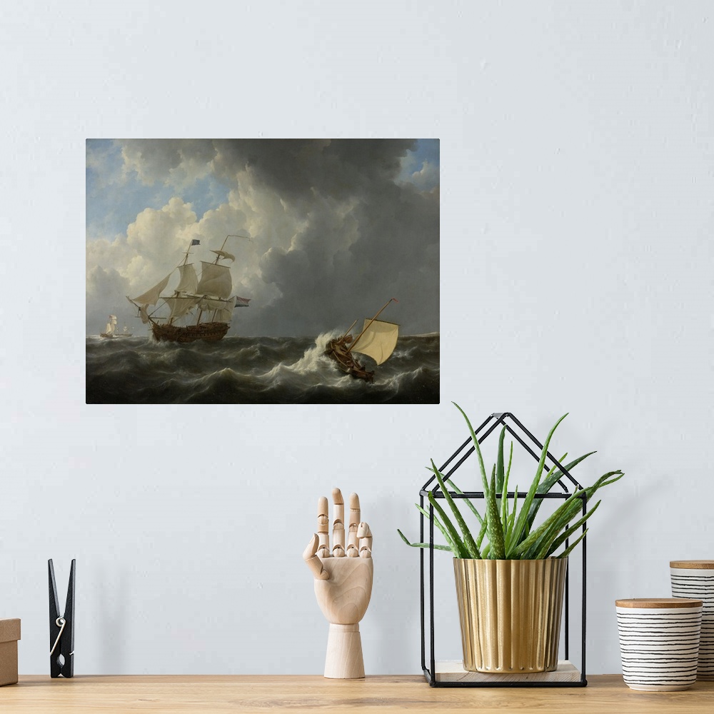 A bohemian room featuring Ships in a Turbulent Sea, by Johannes Christiaan Schotel, 1826, Dutch painting, oil on canvas. Fo...