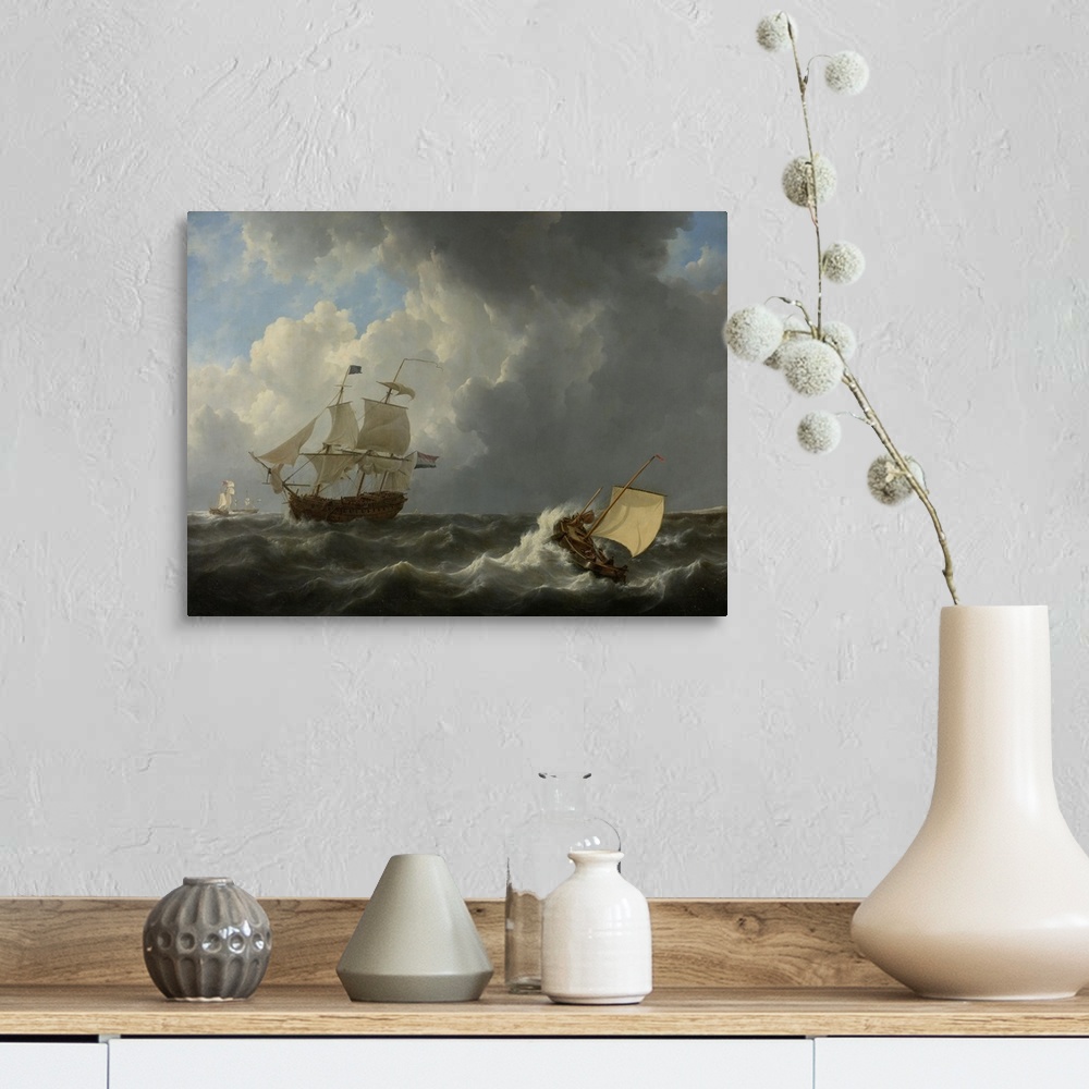 A farmhouse room featuring Ships in a Turbulent Sea, by Johannes Christiaan Schotel, 1826, Dutch painting, oil on canvas. Fo...