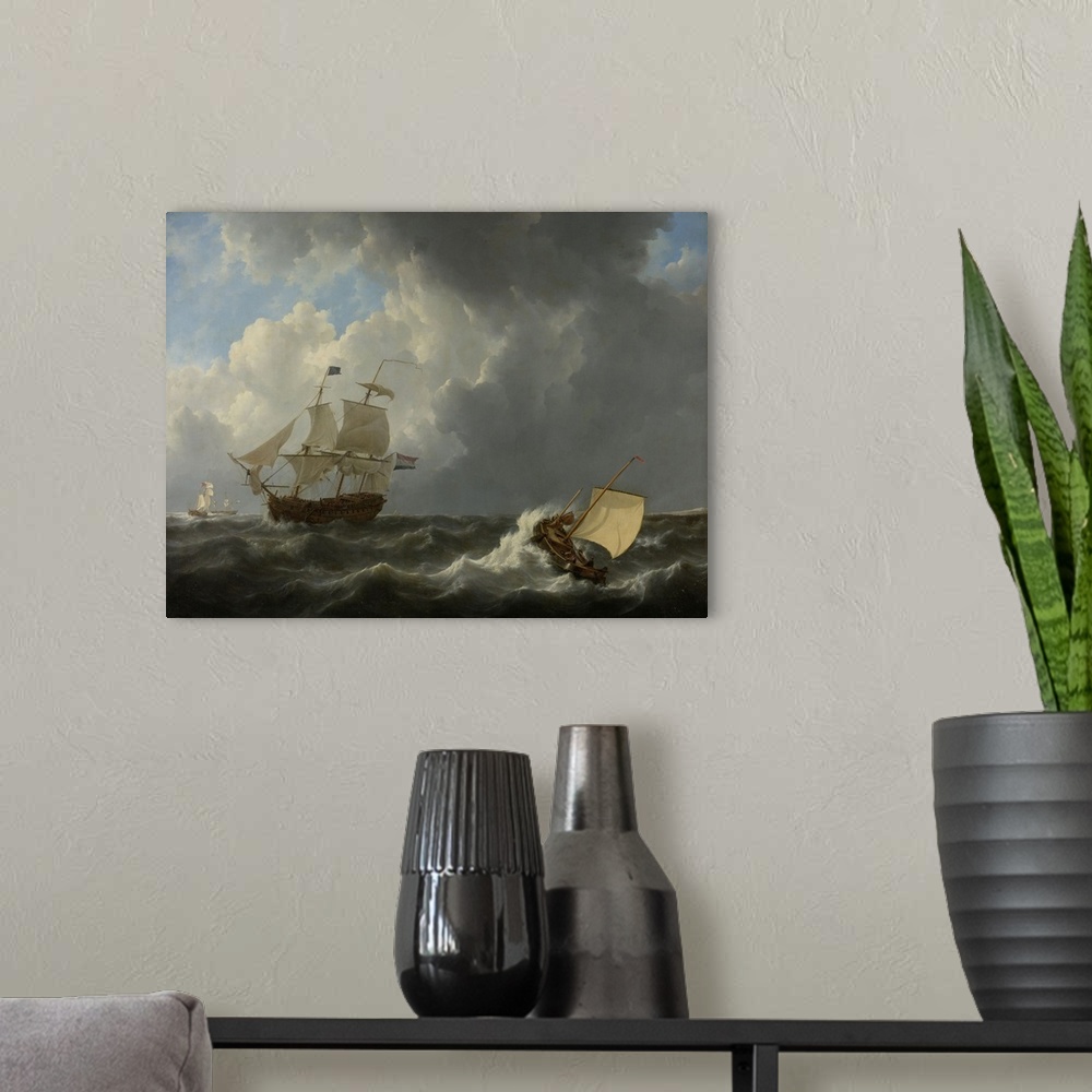 A modern room featuring Ships in a Turbulent Sea, by Johannes Christiaan Schotel, 1826, Dutch painting, oil on canvas. Fo...
