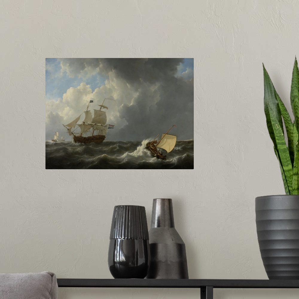 A modern room featuring Ships in a Turbulent Sea, by Johannes Christiaan Schotel, 1826, Dutch painting, oil on canvas. Fo...