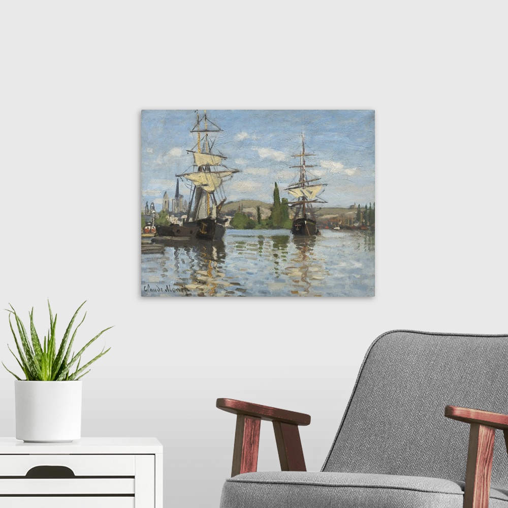 A modern room featuring Ships Riding on the Seine at Rouen, by Claude Monet, 1873, French impressionist painting, oil on ...