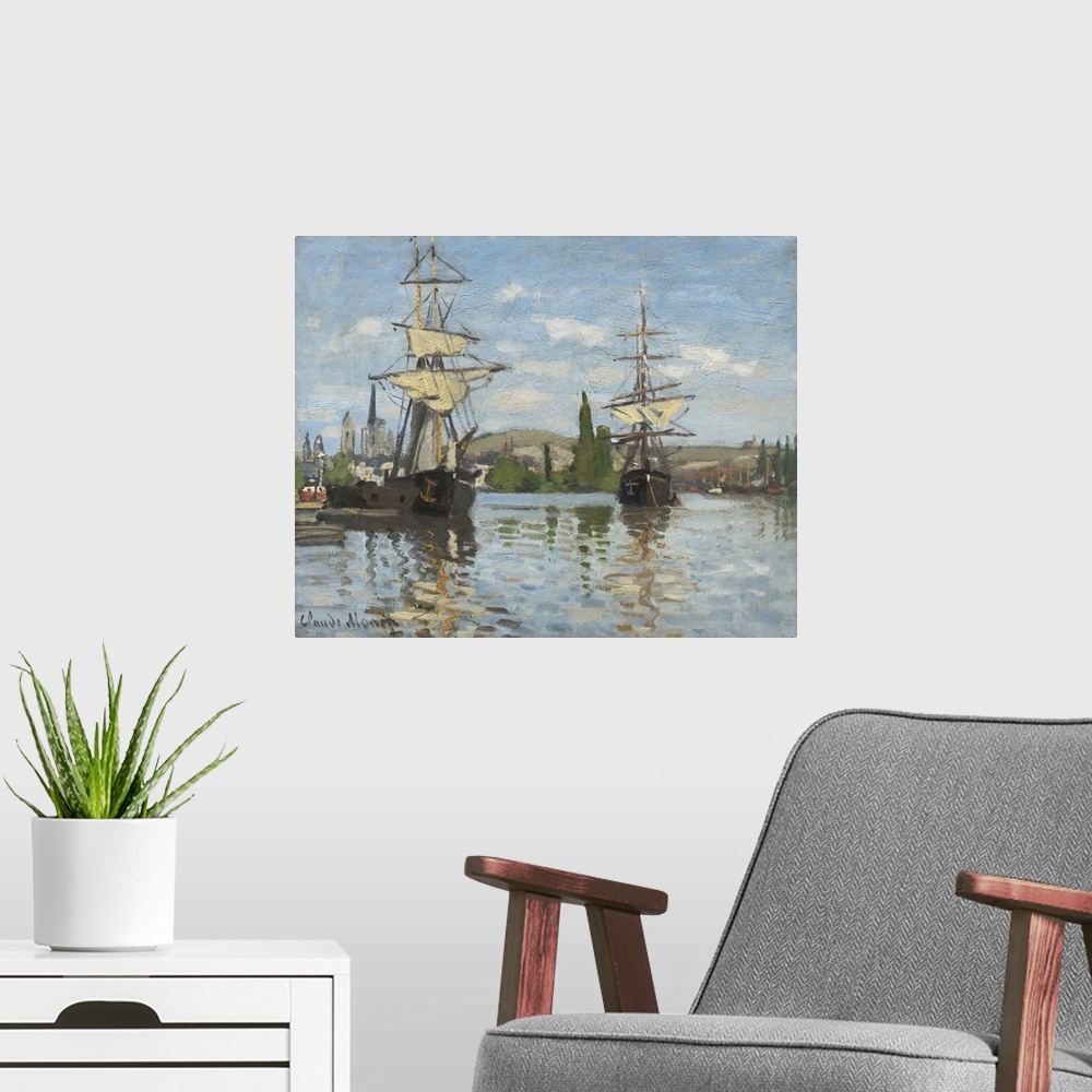 A modern room featuring Ships Riding on the Seine at Rouen, by Claude Monet, 1873, French impressionist painting, oil on ...