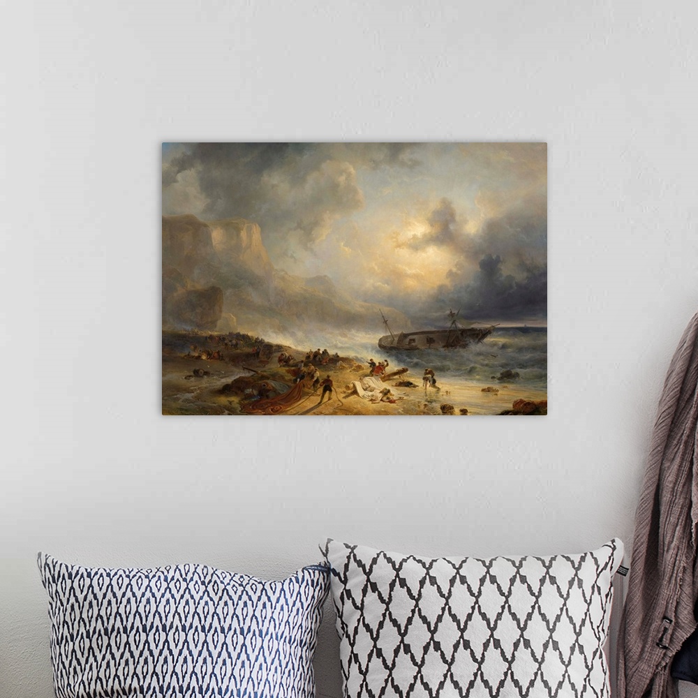 A bohemian room featuring Shipwreck off a Rocky Coast, by Wijnand Nuijen, c. 1837, Dutch painting, oil on canvas. After a t...