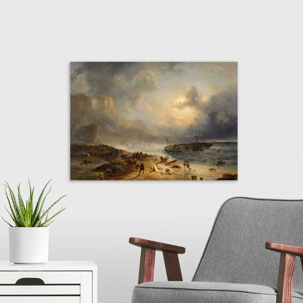 A modern room featuring Shipwreck off a Rocky Coast, by Wijnand Nuijen, c. 1837, Dutch painting, oil on canvas. After a t...