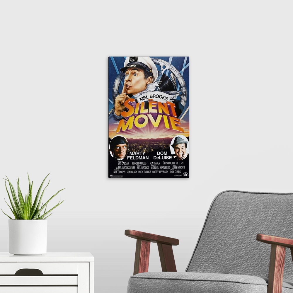A modern room featuring SILENT MOVIE, US poster, Mel Brooks, Marty Feldman, Dom Deluise, 1976