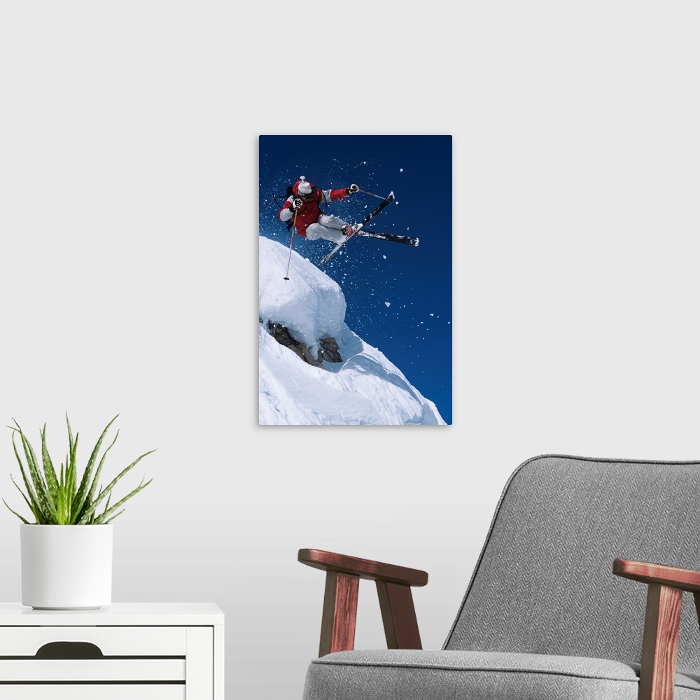 A modern room featuring Skier In Mid-Air Above Snow On Ski Slopes