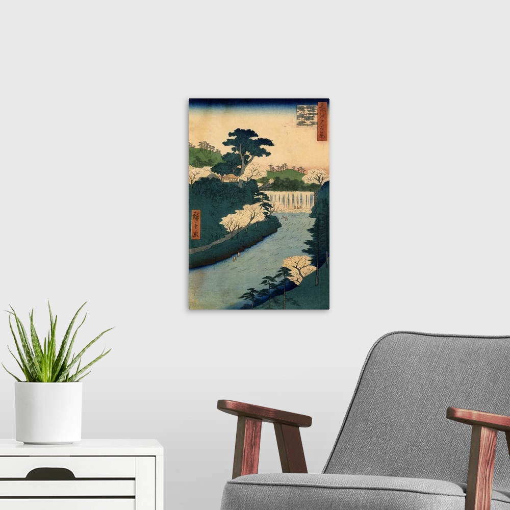 A modern room featuring Small Boats on a River with Waterfall, 19th Century Japanese Woodcut