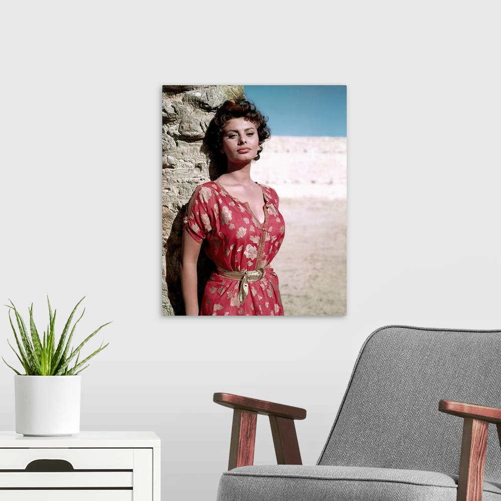 A modern room featuring Vintage publicity photo of actress Sophia Loren on the beach.