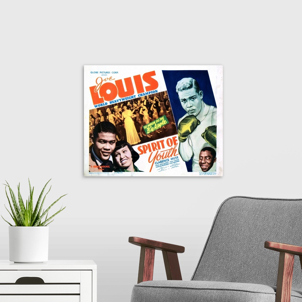 A modern room featuring Spirit Of Youth, US Lobbycard, From Left: Joe Louis, Edna Mae Harris, Bottom Right: Clarence Muse...