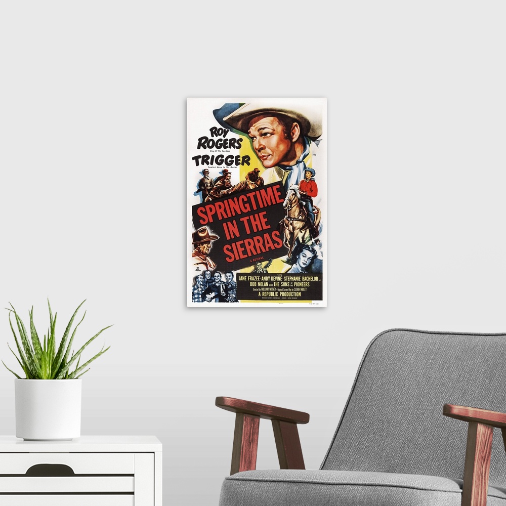 A modern room featuring Retro poster artwork for the film Springtime in the Sierras.