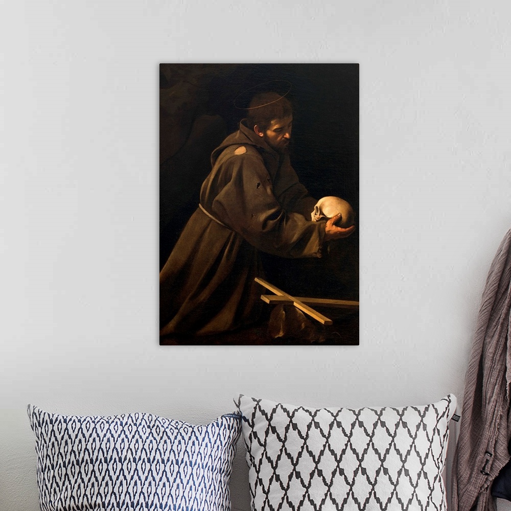 A bohemian room featuring St Francis in Meditation, by Michelangelo Merisi known as Caravaggio, 1606 - 1614, 17th Century, ...